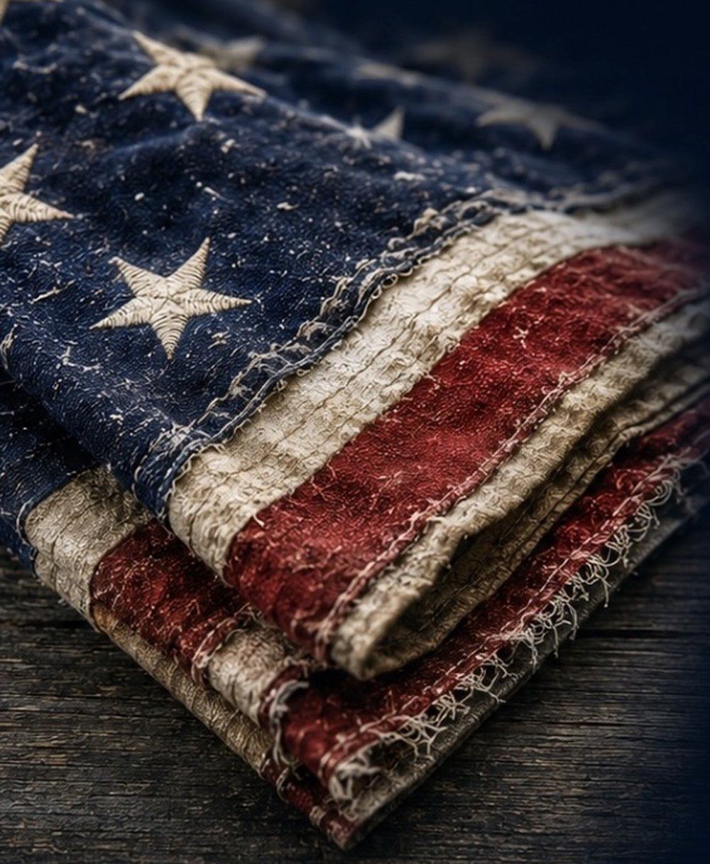 A weathered American flag, folded.