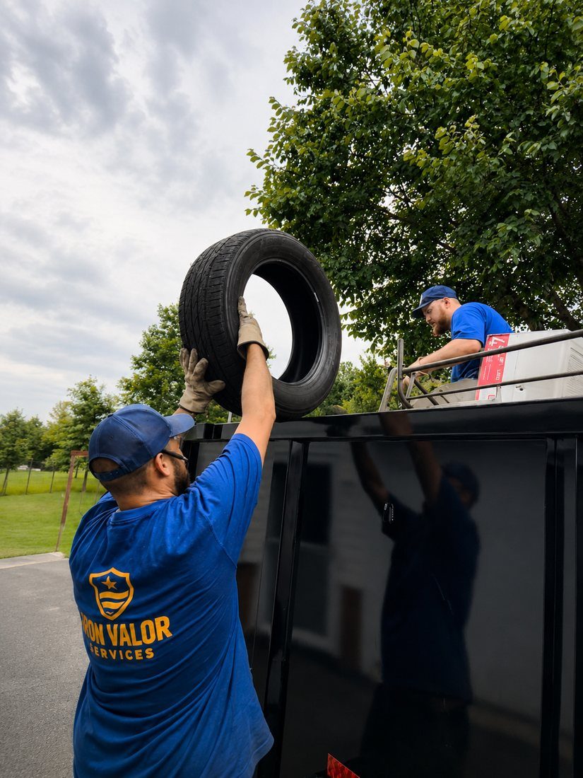 Loading old tires into the dump trailer.
